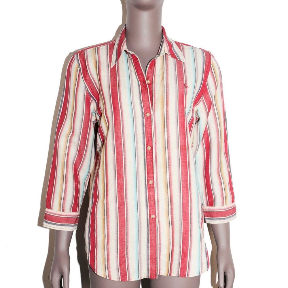Ralph Lauren Striped Linen Cotton‎ Button Down Shirt Size Medium